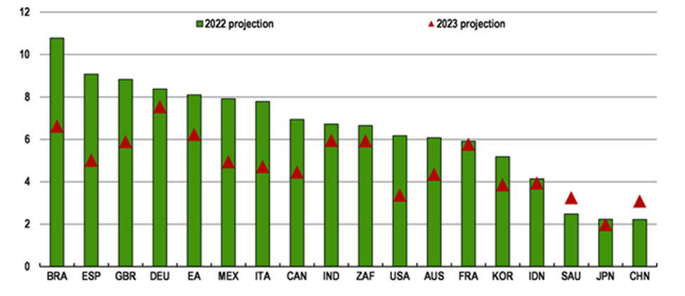 Projekcje stóp procentowych w różnych krajach na lata 2022 i 2023.