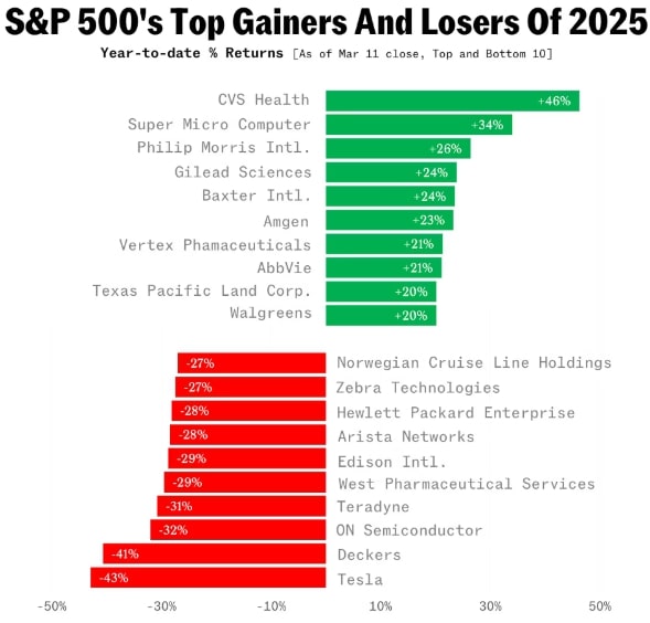 Grafika. Najlepsze i najgorsze spółki S&P 500 na początku 2025 roku.