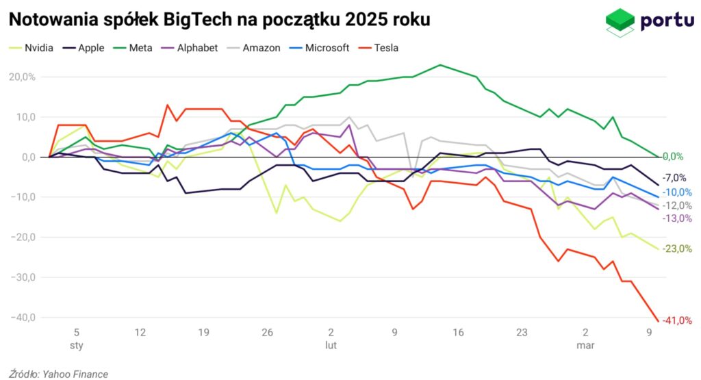Notowania spółek BigTech na początku 2025 roku. Wykres. Spadki cen akcji spółek technologicznych.
