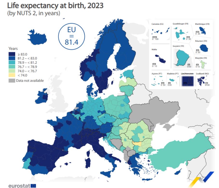 Mapa. Prognoza długości życia dla poszczególnych krajów Europy